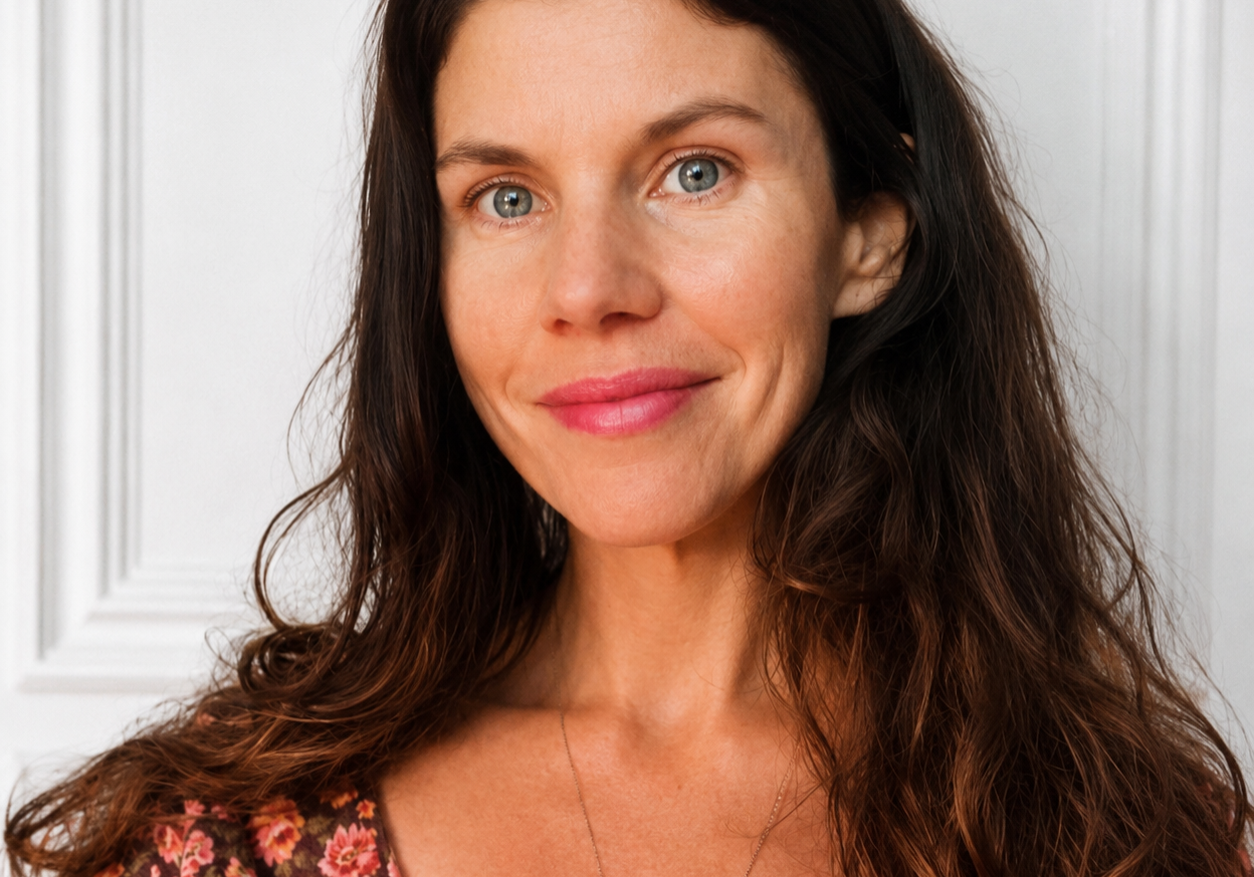 Portrait of a smiling woman with long wavy brown hair wearing a floral top, standing against a light paneled wall.